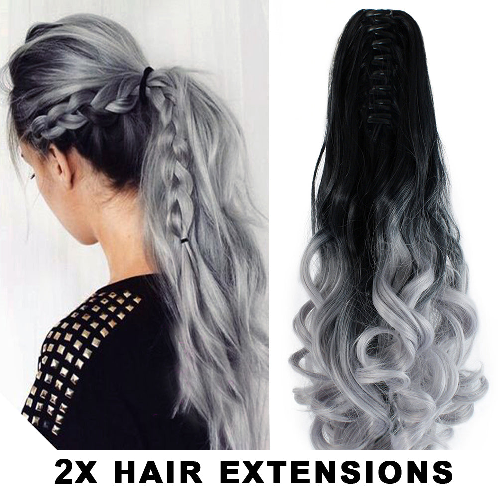 2Pcs Two Tone Ombre High Grade Silver Gray Curly Clip On Pony Tail 24" Hair Clamp09 2X
