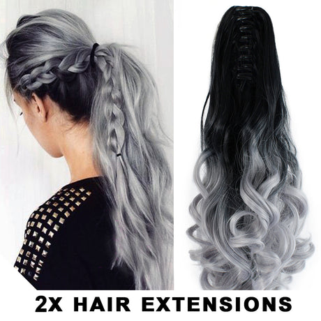 2Pcs Two Tone Ombre High Grade Silver Gray Curly Clip On Pony Tail 24" Hair Clamp09 2X