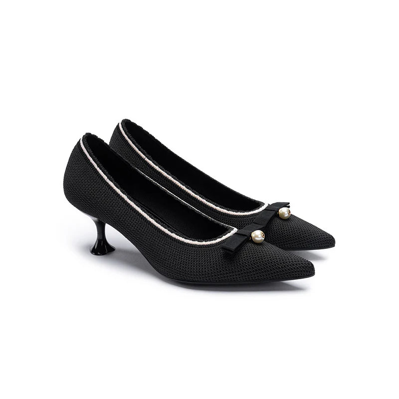 Parisian Pearl Bow Kitten Heels - Black