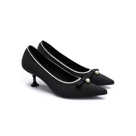 Parisian Pearl Bow Kitten Heels - Black