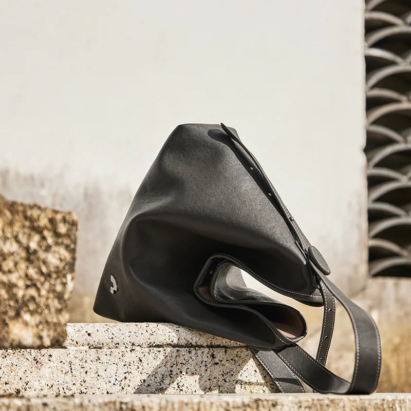 Nalandu Vintage Leather Slouchy Tote Bag - Charcoal