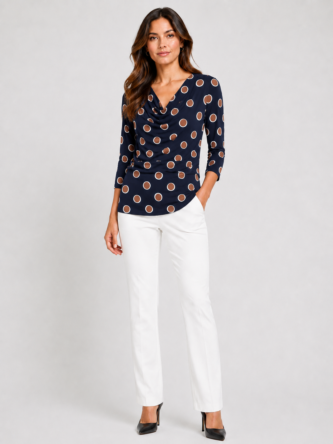 Worship Women's Cowl Neck Top - Navy Print