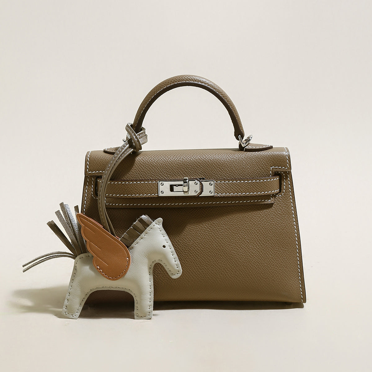 Trendy Petite Top Handle Bag 22cm Structured Mini Leather Satchel - Taupe