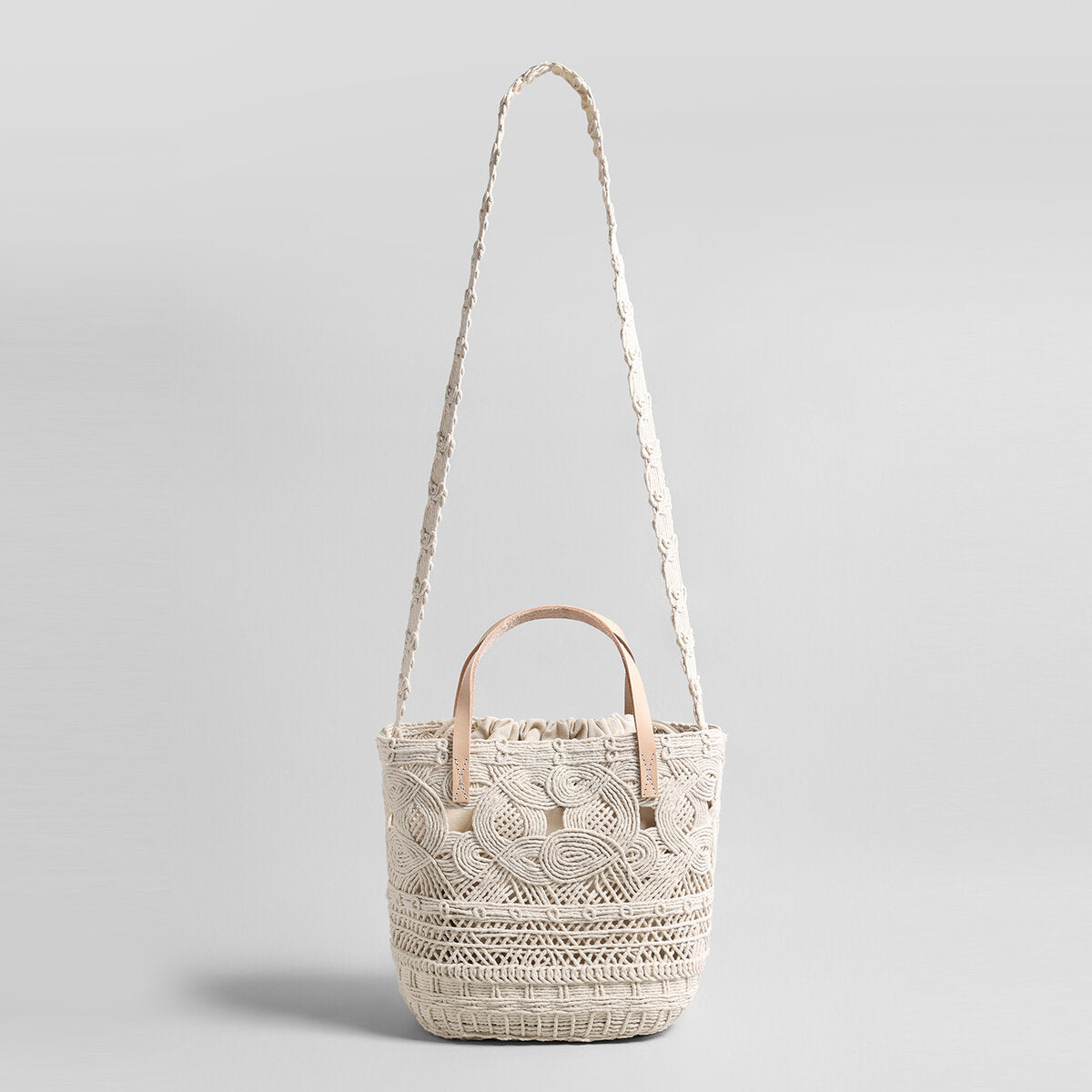 Multi-Pattern Macrame Basket Tote - Ivory