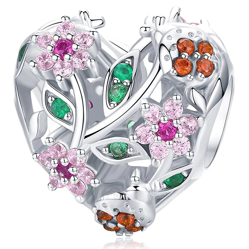 Solid 925 Sterling Silver Heart Colourful Floral Flower Pandora Inspired Charm
