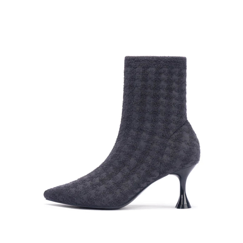 Pointed Toe Stiletto Heel Stretch Ankle Boots - Charcoal