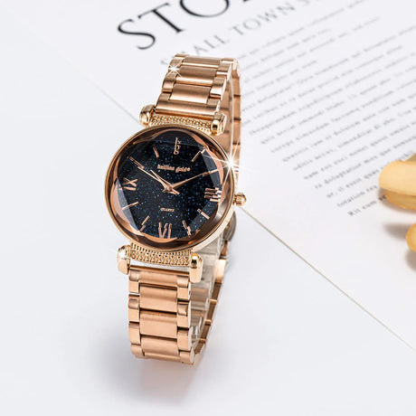Boxed Black Face Watch & Earrings Set In Rose Gold