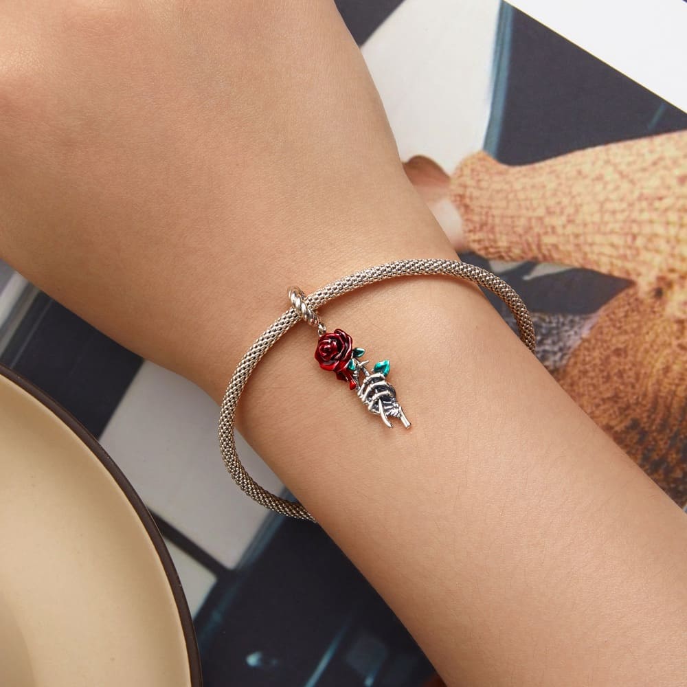 Solid 925 Signature Silver Red Rosy Rose Charm
