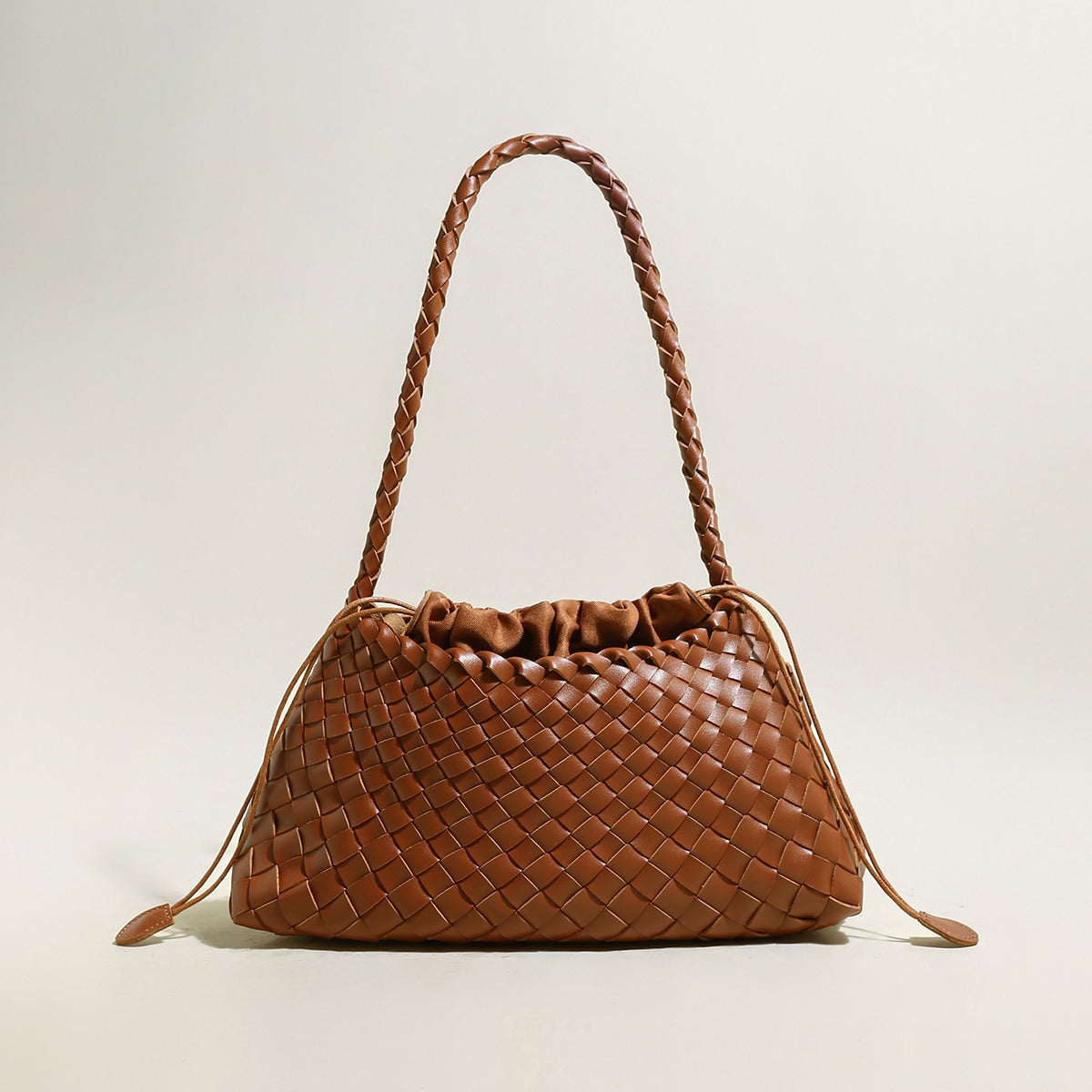 Mini Woven Trapezoid Drawstring Shoulder Bag - Brown