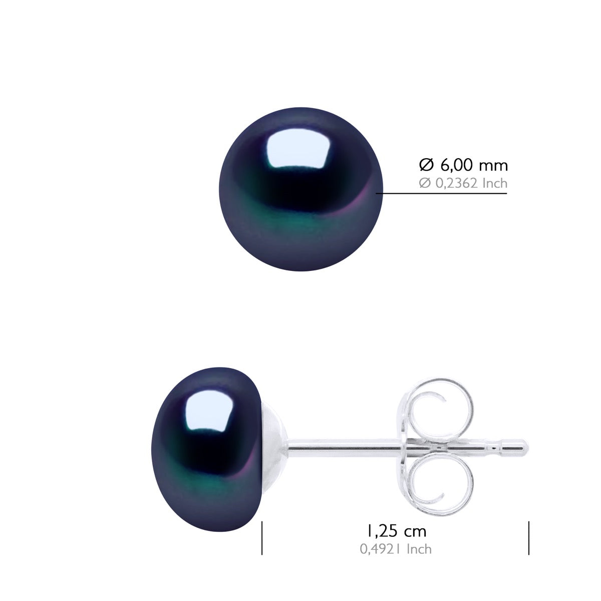 Earrings of Silver 925 and Real Cultured Freshwater Pearls Button 6-7 mm - Black "Tahitian Style" - Longueur 18 cm