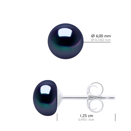Earrings of Silver 925 and Real Cultured Freshwater Pearls Button 6-7 mm - Black "Tahitian Style" - Longueur 18 cm