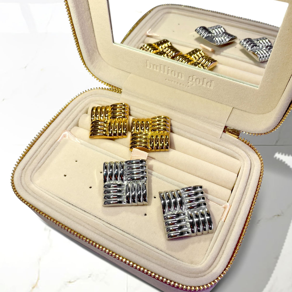 Bullion Gold Ridged Square White Gold layered Stud Earrings
