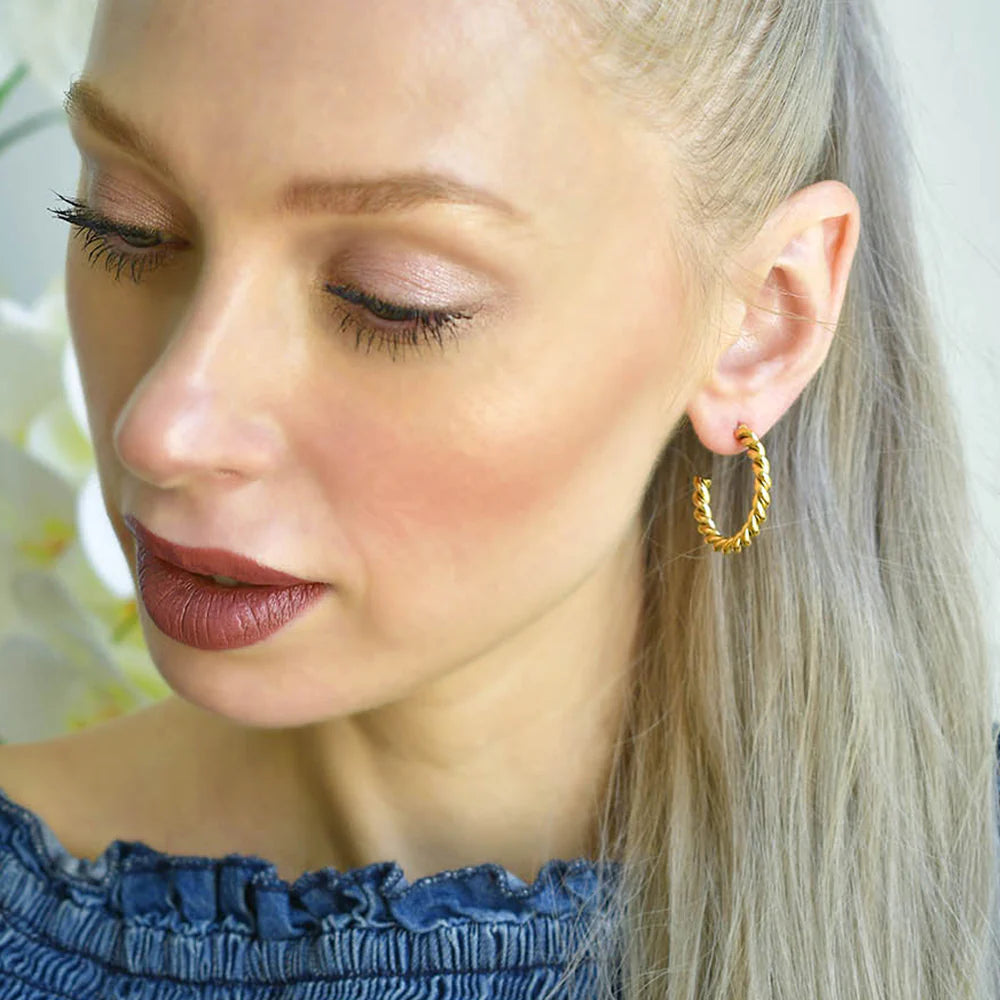 Bullion Gold Twisted Braid C-Hoop Gold Layered Earrings 30mm