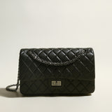 Black Quilted Caviar Leather Flap Shoulder Bag - Black