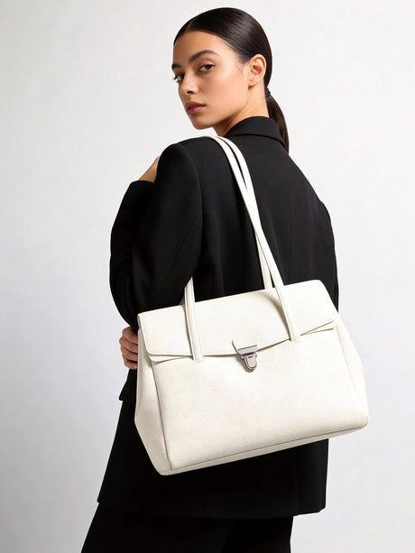 Pebbled Leather Turn-Lock Shoulder Tote Bag - Ivory