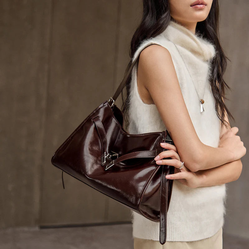 Nalandu Luxe Slouch Lock Shoulder Bag - Chocolate