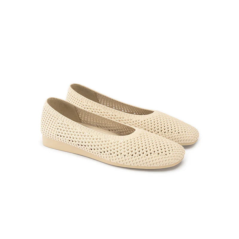 Heart Mesh Knit Square Toe Wedge Flats - Beige