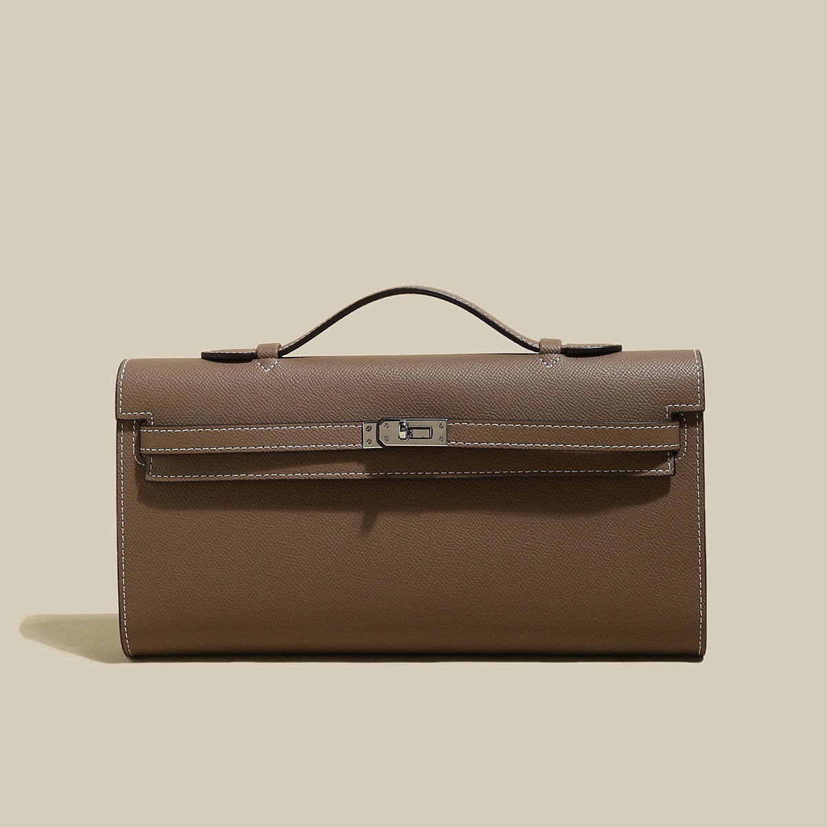 Structured Saffiano Leather Top-Handle Clutch - Taupe