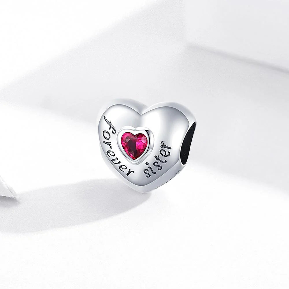 Solid 925 Sterling Silver Bolded Heart Forever Sister Inscription Pandora Inspired Charm