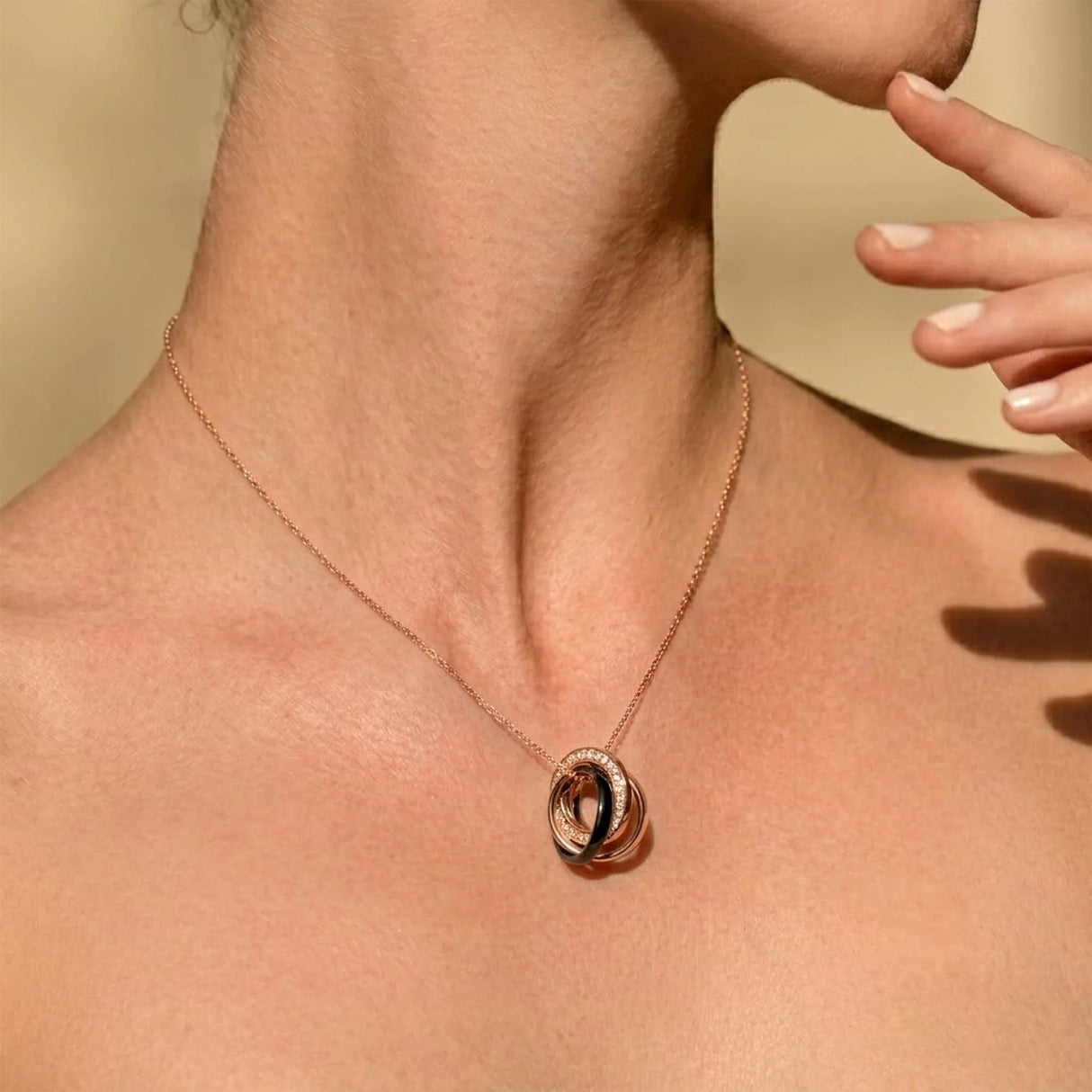 Krystal Couture Rose Gold Triple Interlocking Ring Black Pendant Necklace Embellished with Swarovski Crystals