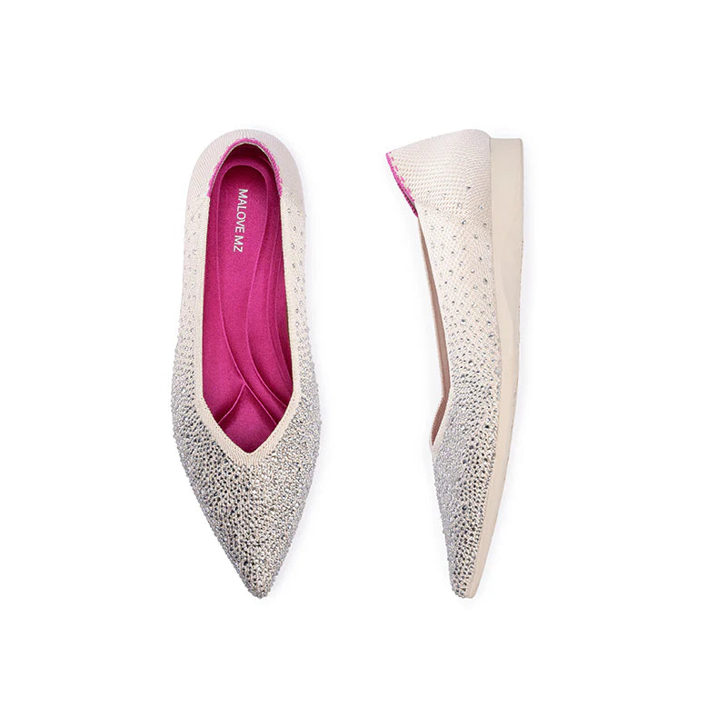 Rhinestone Knit Pointed Toe Ballet Flats - White