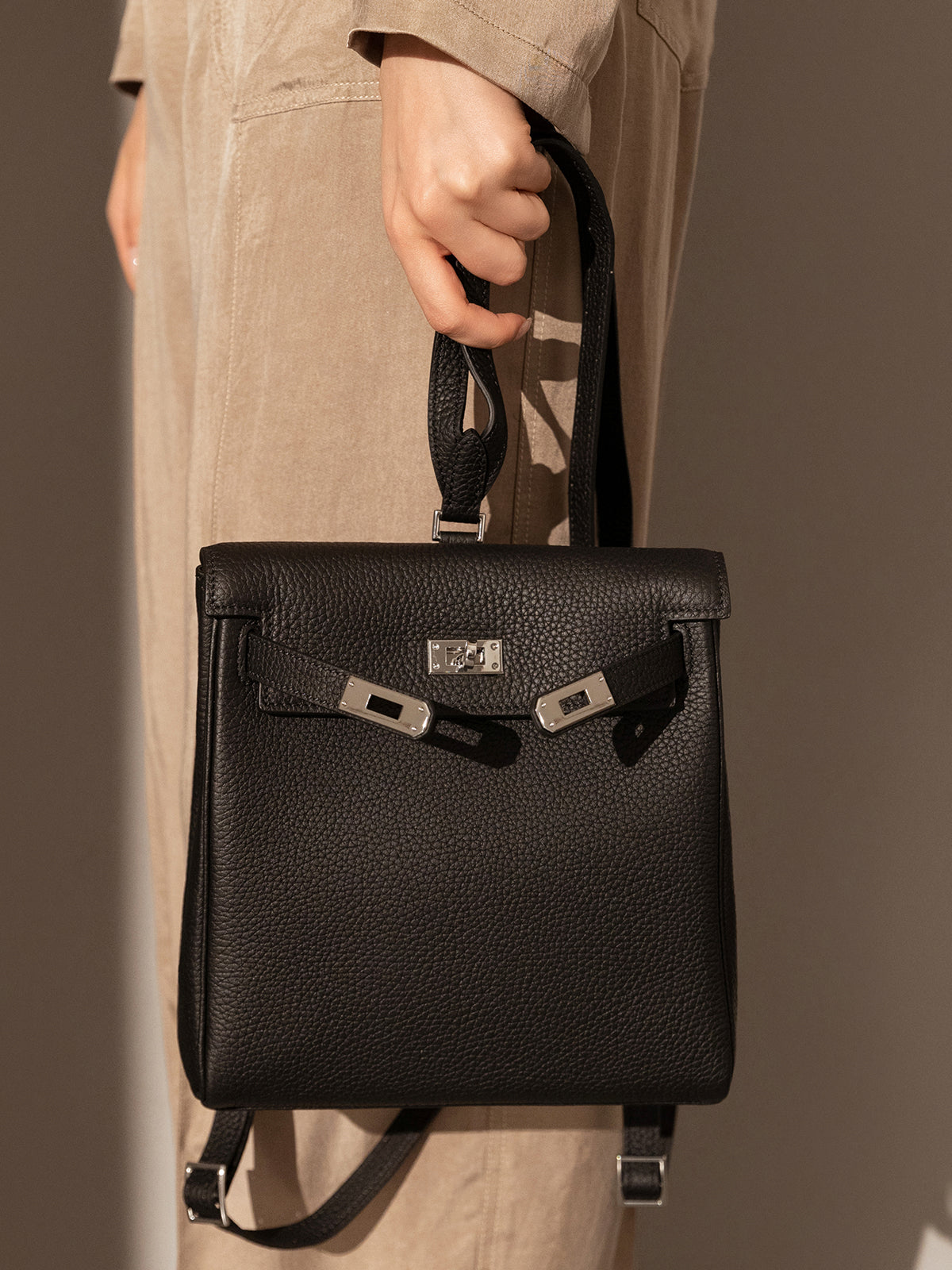 Madison Structured Leather Convertible Backpack - Black