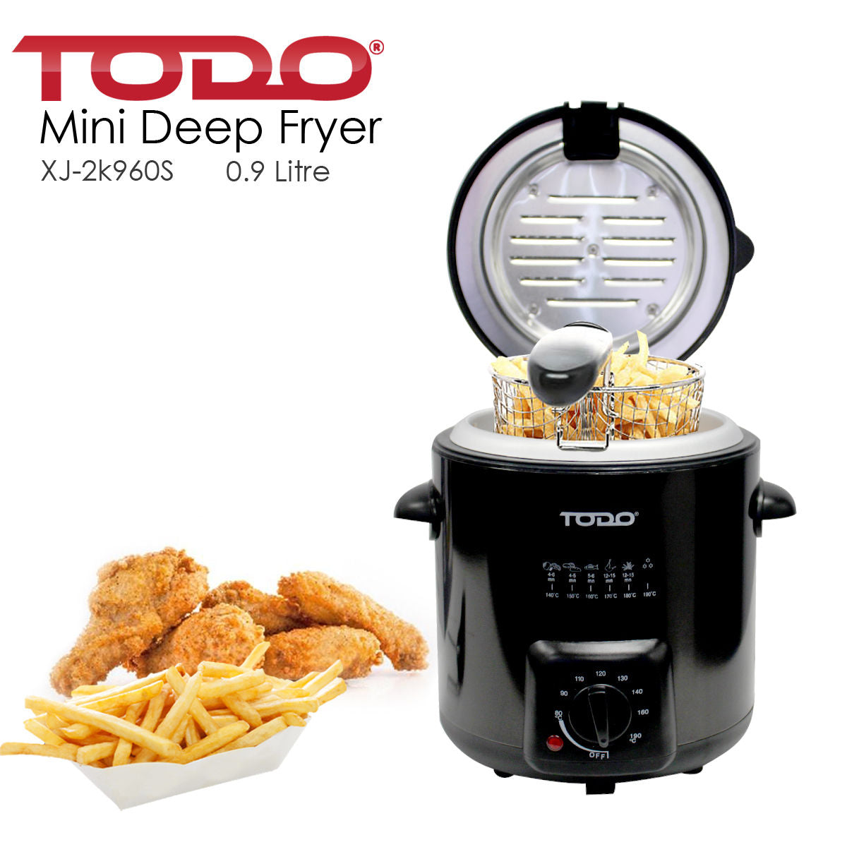 TODO 0.9L Deep Fryer Adjustable Thermostat Dial - Black Stainless Steel Housing Basket