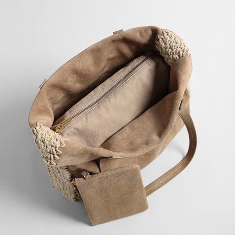 Vintage Suede Tote Bag – Woven Edge Shoulder Bag with Matching Pouch