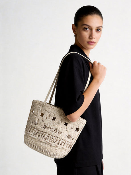 Macrame Open-Weave Tote Bag - Ivory