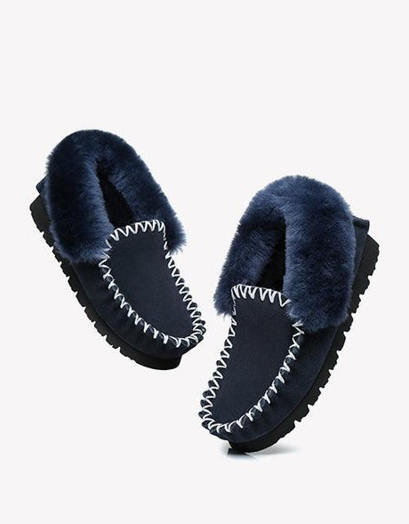 Popo Cow Suede Moccasin in Navy Blue