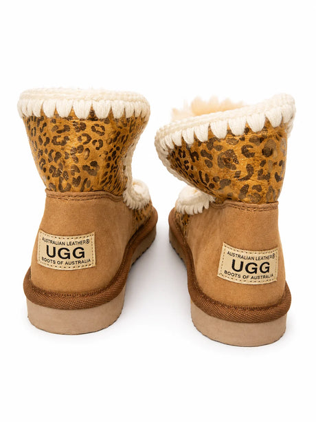 Australian Leather Ugg Mini Leopard Trim Eskimo - Chestnut - AU4