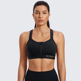 Zip Front Large Padded High Impact Sports Bra - Black