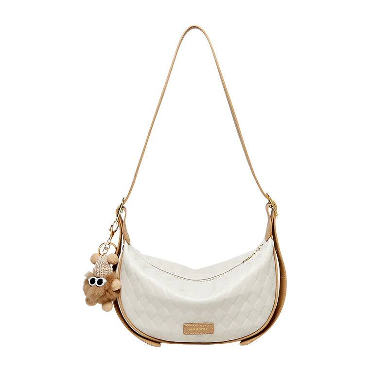 Nalandu Luna Pompom Quilted Crescent Shoulder Bag - White