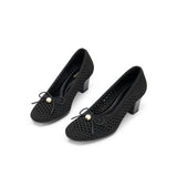 Pearl Bow Mesh Knit Round Toe Pumps - Black