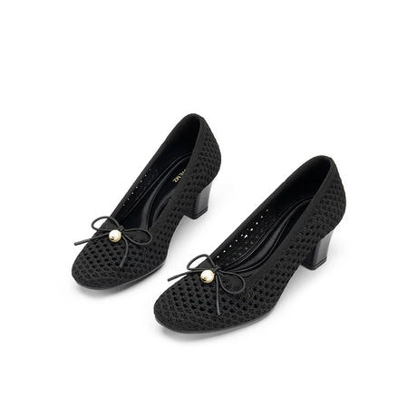 Pearl Bow Mesh Knit Round Toe Pumps - Black