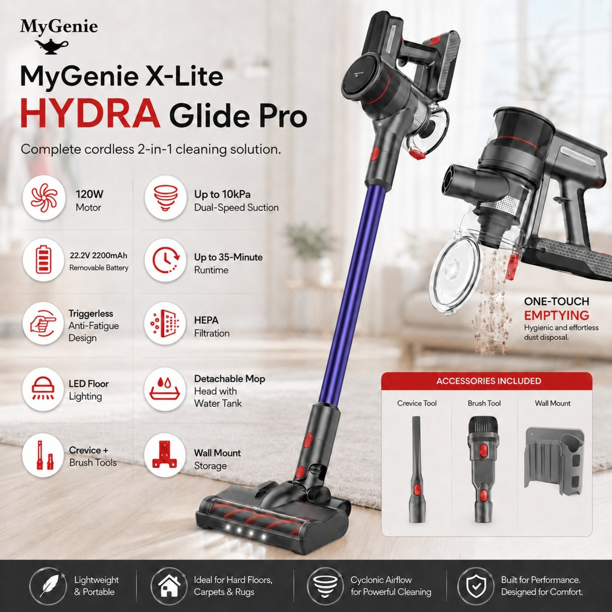 MyGenie X-Lite HYDRA Glide Pro Cordless Stick Vacuum