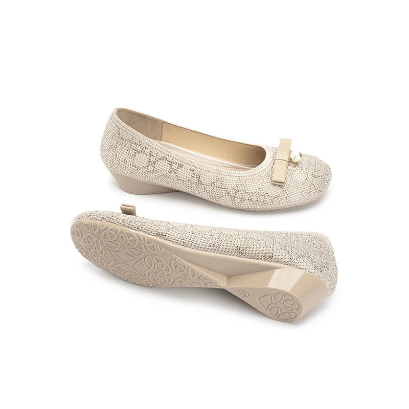 Pearl Bow Czech Crystal Knit Round Toe Wedge Pumps - Ivory