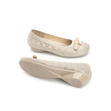 Pearl Bow Czech Crystal Knit Round Toe Wedge Pumps - Ivory
