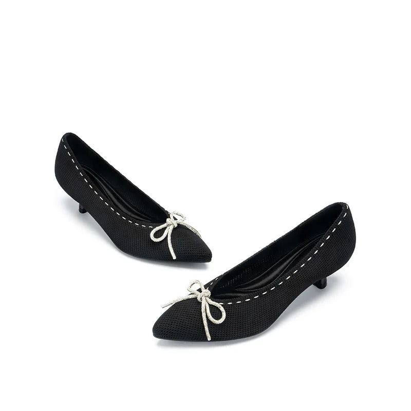 Rhinestone Bow Kitten Heels - Black