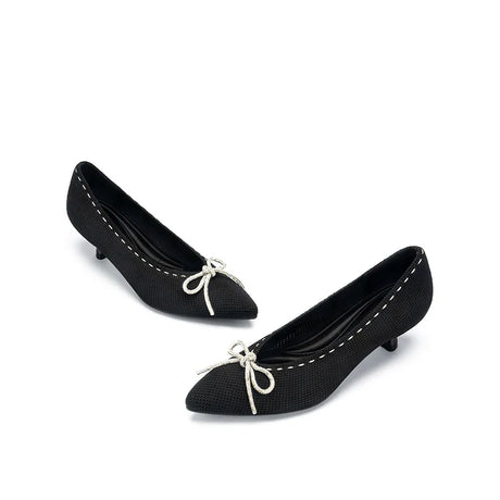 Rhinestone Bow Kitten Heels - Black