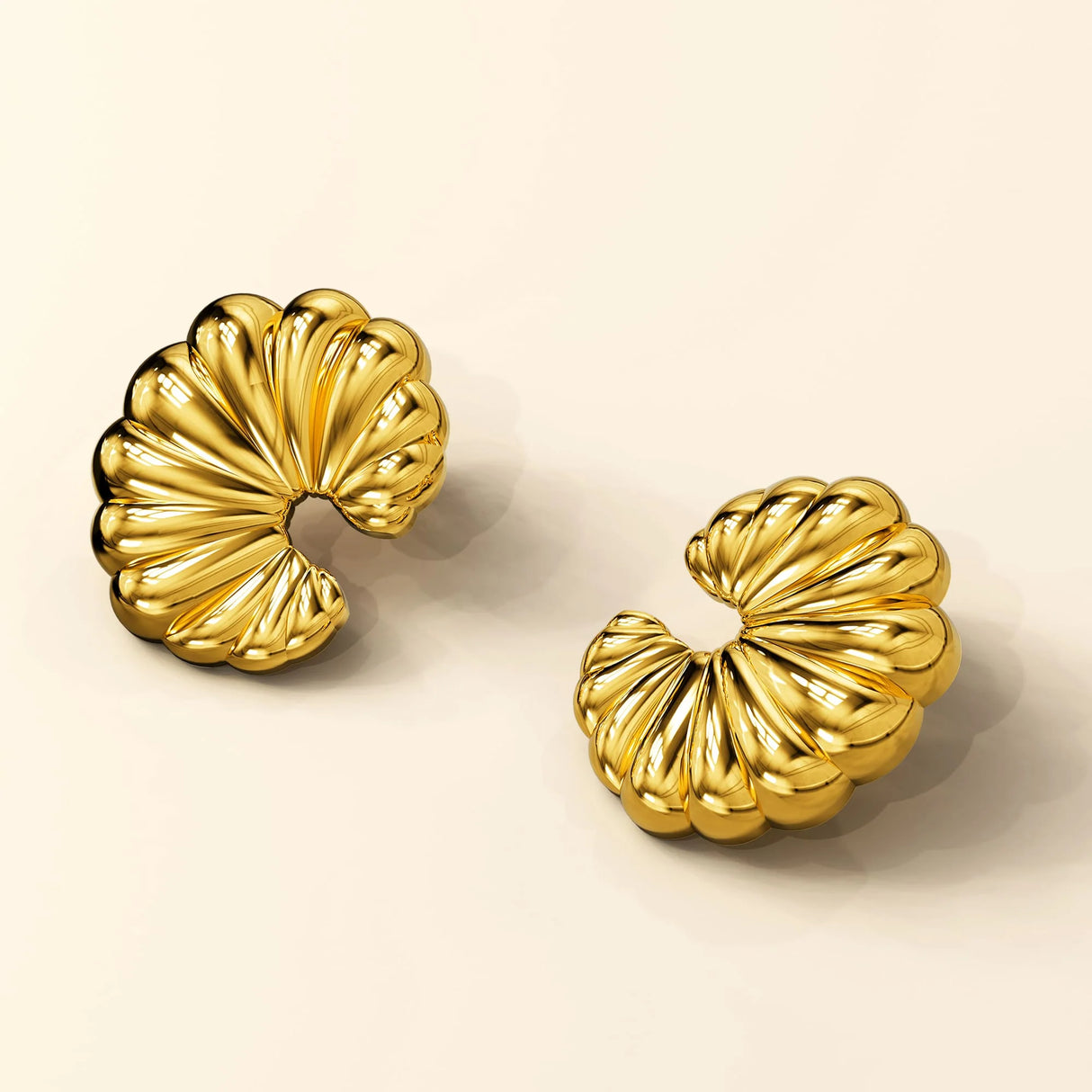 Bullion Gold Ridged Crescent Gold layered Stud Earrings