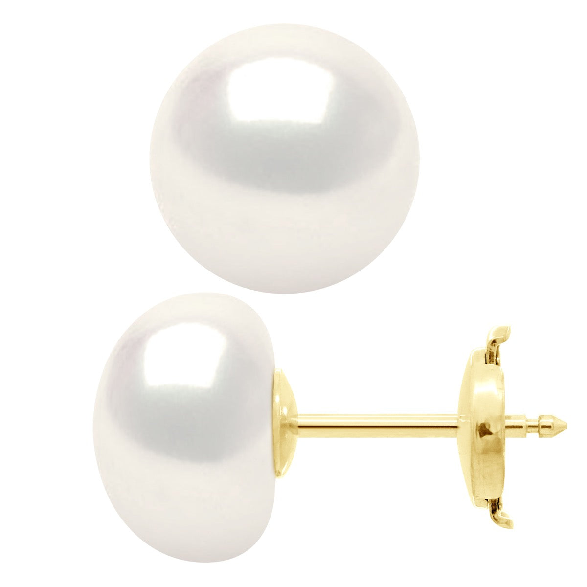 Earrings In Yellow Gold 375 and Real Cultured Freshwater Pearls Button 10-11 mm - Natural Pearl White - Longueur 42 cm