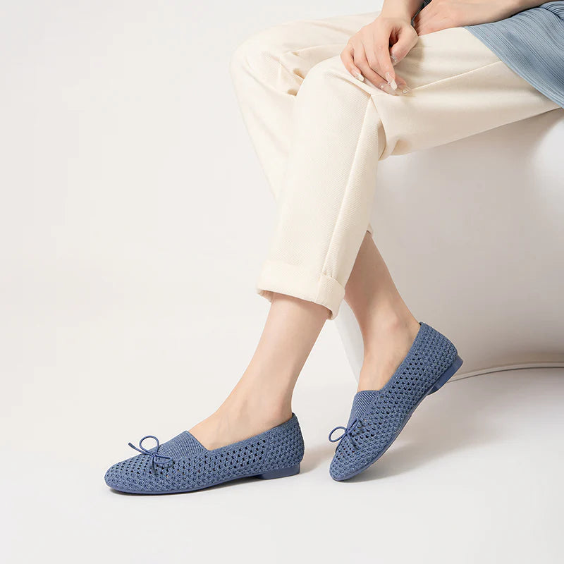 Bow Hollow Mesh Knit Round Toe Low Heel Flats - Denim