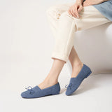 Bow Hollow Mesh Knit Round Toe Low Heel Flats - Denim