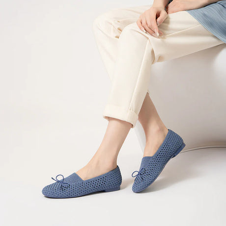 Bow Hollow Mesh Knit Round Toe Low Heel Flats - Denim