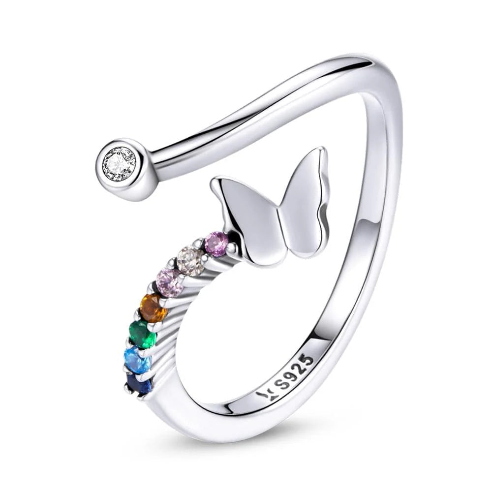 Adjustable Solid 925 Sterling Silver Multicoloured Butterfly Ring