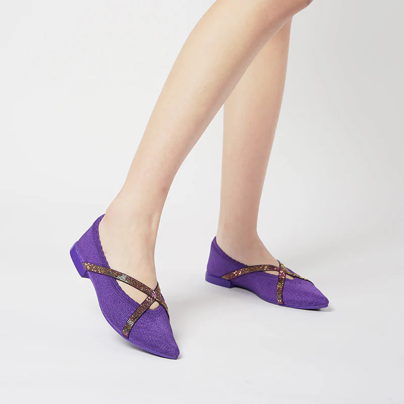 Rhinestone Cross Strap Pointed Toe Knit Flats - Purple