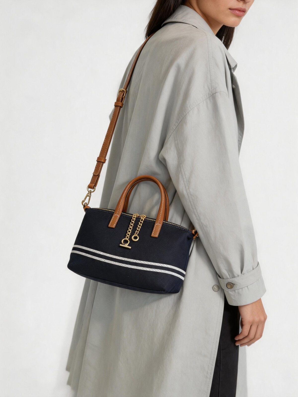 Canvas Leather Trim Mini Tote - Navy