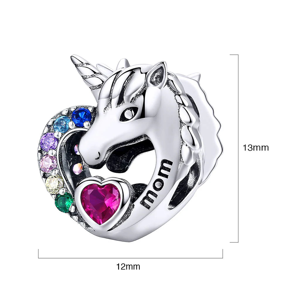 Solid 925 Sterling Silver Mom Inscription Unicorn Multicoloured CZ Charm