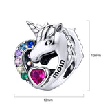 Solid 925 Sterling Silver Mom Inscription Unicorn Multicoloured CZ Charm
